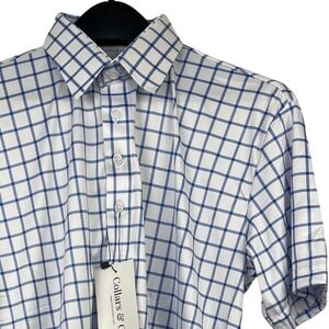 NEW Collars & Co Dress Collar Polo Mens M Performance Blue White Check $82